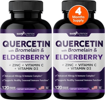 Quercetin with Vitamin C and Zinc - Elderberry - Quercetin 500mg - Quercetin with Bromelain - Zinc Quercetin - Vitamin D3 - 6 in 1 Daily Immune Support, Non-GMO - Sambucus Supplement - 4 Months Supply
