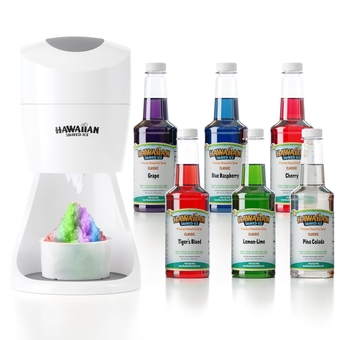 Syrup Assortment, six total 16oz bottles of Cherry, Grape, Blue Raspberry, Tiger’s Blood, Lemon-Lime, & Pina Colada bundled with S900A Snow Cone and   Machine