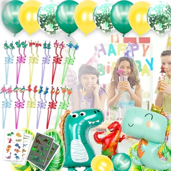Dinosaur Party Decorations, Dinosaur Treasure Box for Birthday Party Supplies, Party Favors for Kids with 24 Glitter Reusable Mermaid Straws, 21Dinosaur Balloons,4 Temporary Tattoos+2 Brush