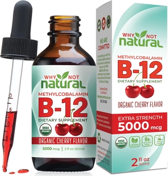 Organic Vitamin B12 Liquid - Sublingual Extra Strength 60 x 5000 mcg Methylcobalamin Drops, Vegan, Maximize Absorption and Energy (Cherry)