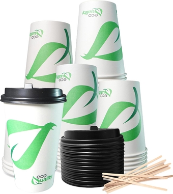 16 oz Compostable Paper Cups with Black Dome Lids and Wooden Stirrers - Biodegradable Disposable White Paper Coffee Cups PLA Lined - Eco-friendly Hot and Cold Drinking Cups (400)