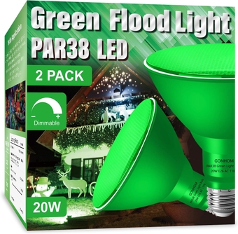 2 Pack PAR38 Green Flood Lights Outdoor,Dimmable Flood Green Light Bulb,20W(Equivalent to 200W),E26 Base Green LED Light,Christmas Light Bulbs,Outdoor Porch,Holiday Lighting,Flood Light Bulb