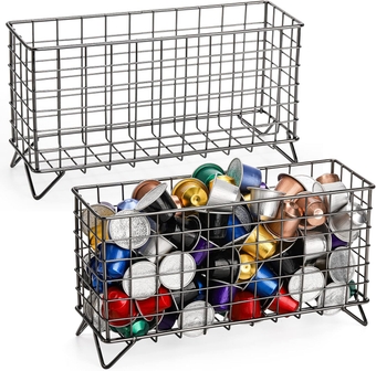 Metal Large Capacity K Cup Holders, 2 Pack, Compact Rectangular Basket Organizers for Coffee Pods, Espresso, Tea, Snacks, Small Fruit/Garlic/Spice Jars