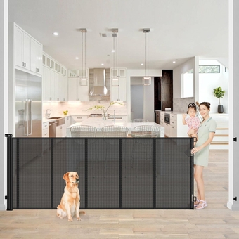 Enhanced 42” Extra Tall & 80” Wide Retractable Baby Gates with Rods to Prevent Crawling Through, Extra Tall Dog Gate for Large Openings Indoor Outdoor Long Mesh Pet Gate for Stairs and Doorways, Black
