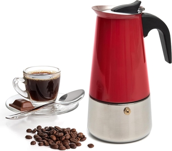 Stovetop Espresso Coffee Maker 10oz/6 Espresso Cup, Moka Coffee Pot with Coffee Percolator Design, Stainless Steel Stovetop Espresso Maker, Italian Coffee Maker, Red Coffee Pot