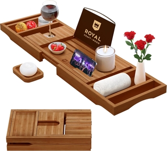 Foldable Bathtub Tray Caddy Bamboo Bathtub Tray Expandable, Bathroom Tray, Bath Tub Table Caddy with Extending Sides - Free Soap Dish