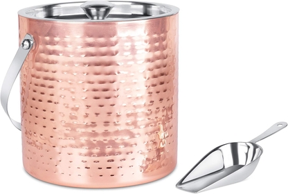 BirdRock Home Ice Bucket with Scoop & Lid - 2.8 Liter Hammered 18/8 Stainless Steel Container for Bar - Double Wall Insulated Bucket with Carrying Handle - Great for Parties - (Copper)