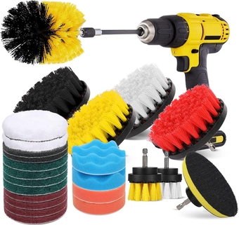 Hiware 26-Piece Drill Brush Set for Cleaning - Power Scrubber Brush Pad Sponge Kit with Extend Attachment for Bathroom, Car, Grout, Carpet, Floor, Tub, Shower, Tile, Corners, Kitchen
