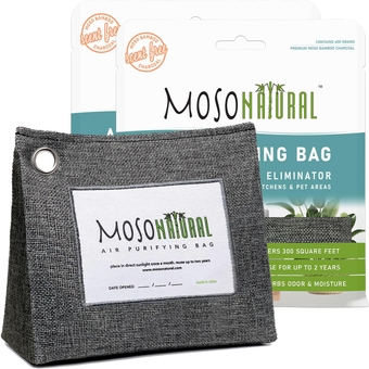 Moso Natural Air Purifying Bag 600g (2 Pack). A Premium Scent Free Bamboo Charcoal Odor Absorber. Kitchen, Bedroom, Basement, Large Room. Luxury Stand Up Design. Two Year Lifespan.