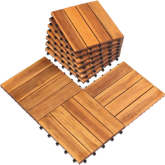 Solid Wood Interlocking Flooring Tiles (Pack of 10, 12" x 12"), Acacia Deck Tiles, Floor Tiles for Both Indoor and Outdoor Use, Waterproof All Weather (12 X 12, 4 Slat, Natural Color)