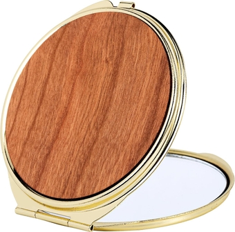 Metal Frame Wooden Surface Circular Travel Mirror (Cherry)