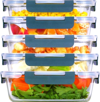 Glass Meal Prep Containers: 5 Pack, 35 Oz with Airtight, Leakproof Snap Locking Lids, Perfect for Food Storage, Lunch & Portion Control, BPA-Free, Microwave, Oven, Freezer & Dishwasher Safe