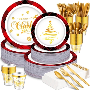 350 Pcs Christmas Disposable Plates Set, Plastic Dinnerware for 50 Guests, 50 Dinner Plates, 50 Salad Plates, 50 Spoons, Forks, Knives, Disposable Gold Napkins, Gold 9 oz Gold Cups