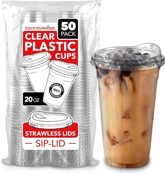 20 oz Clear Plastic Cups with Lids Disposable, Togo Drinking Cup with Strawless Sip Lid for Smoothie, Cold Brew Iced Coffee, Lemonade, Ice Latte, Boba, Party Drinks, Bulk, 20 Ounce (Set of 50)