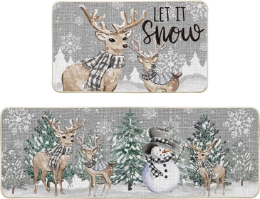 Deer Tree Let It Sonw Snowflakes Christmas Kitchen Mats Set of 2, Winter Decor Low-Profile Kitchen Rugs for Floor - 17x29 and 17x47 Inch