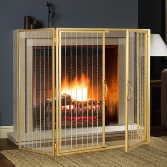 Gold Fireplace Screen with Doors, 53” x 32” Iron Large 3-Panel Folding Fireplace Screens Decorative, Modern Metal Fire Spark Guard Protector for Indoor Outdoor, Home Decoration