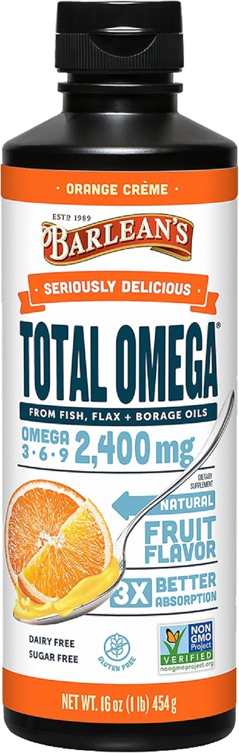 Total Omega 3 Fish Oil Liquid Supplement, Orange Crème Flavored with Borage Oil and Flaxseed Oil, 2,400 mg of Omegas 3 6 9 EPA and DHA Plus GLA, 16 oz