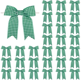 30 Pcs 3.5 Inches Gingham Ribbon Bows with Twist Tie Green and White Buffalo Check Premade Craft Bows for Gift Wrapping Basket Wedding Baby Shower Brithday Party(GreenW)