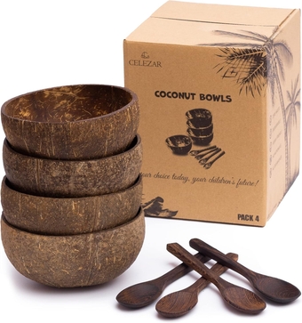Coconut Bowl Pack 4 Bowls Set 5.5 x 2.2 inches Coconut Smoothie Organic Coconut Bowls For Smoothies, Fruit, Nut, Acai, Salad, Keys, Plants Vegan Shell Bowl