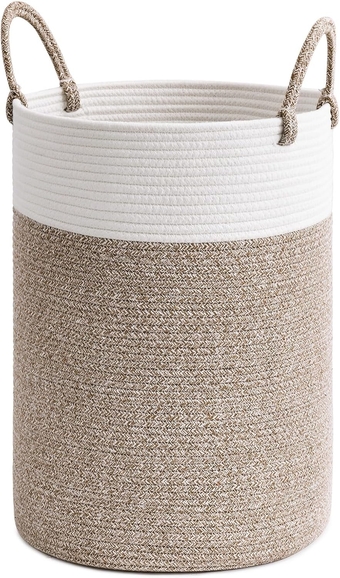 Laundry Basket, Large Laundry Hamper, Woven Rope Storage Basket for Towels, Dirty Clothes, Tall Blanket Basket Living Room, Boho Toy Basket for Baby in Bedroom, 50L, White & Brown