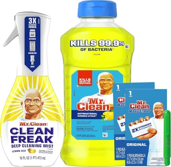 Mr Clean All Purpose Cleaner, Summer Citrus Lemon Scent- 3 in  Kit with Mr Clean Summer Citrus All Purpose Cleaner, Mr Clean Clean Freak Spray, 2 Mr Clean Magic Erasers and Gift Boutique Lint Stick