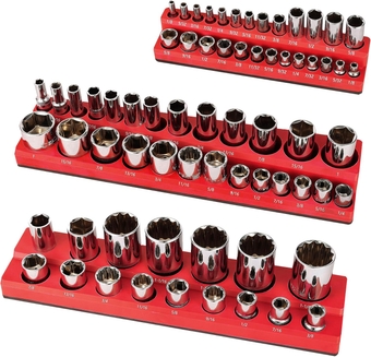 Magnetic Socket Organizer - 3 Piece Red SAE Socket Holder Kit - 1/2-inch, 3/8-inch, 1/4-inch Drive - Holds 68 Sockets - Professional- Grade - Magnetic Socket Tray