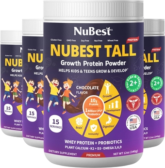 Tall Protein Powder for Kids & Teens - Chocolate Protein Powder Shake - Protein Drink with Probiotics, Omega 3-6-9, Vitamin D3 + K2, Calcium, Vitamins - Bone Strength and Immunity - Pack 4