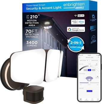 LED Wi-Fi Smart Security Light, App Control, Motion Activated, Three Head, Bronze, ETL Listed, UV Resistant, 3400 Lumens, 4000K, Flood Light for Patio, Yard, Garage, Driveway, 58245