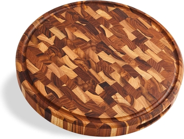 LA, End Grain Teak Board 15" Round 1.5" Thick Wood Cutting Board with Juice Groove and Built-in Handles, Charcuterie Wooden Cheese Board (Gift Box Included)