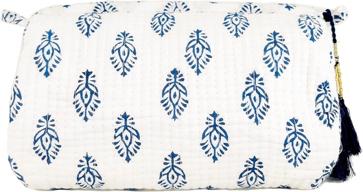 Block Print Designer Toiletry Bag & Makeup Case - Boho Floral Quilted Pouch for Cosmetics, Skincare - Waterproof Lined Organizer for Diaper Bag, Purse, Travel, Gift, Pencils (Blue & White Boho)