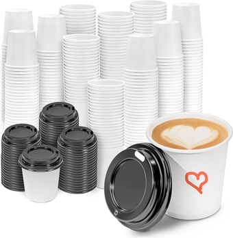 [100 Pack] 4 Oz Disposable Paper Coffee Cups with Black Lids, Espresso Paper Cups with Lids, To Go Coffee Cups for Hot and Cold Beverage, On the Go Cups for Espresso, Hot Chocolate, Cortado, Macchiato