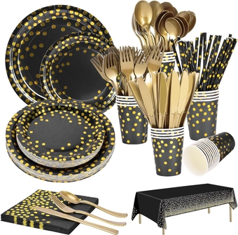 Black and Gold Party Supplies,201PCS Disposable Dinnerware Sets Gold Dot on Black Paper Plates Napkins Cups and Knives Spoons Forks Straw for Graduation, Wedding, Birthday Party 25 People