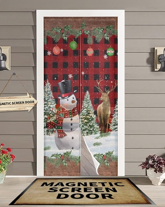 Christmas Snowman Magnetic Screen Door 38x83inch Door Curtain Light Filgtering Hands Free Mesh Curtain for Home Kitchen Yard Patio Sidelight Door - Red and Black Buffalo Plaid Wooden Grains