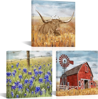 3pcs Country Canvas Wall Art Barn Longhorn Texas Bluebonnet Flower Picture Prints Farm Theme Painting for Farmhouse Kitchen Bedroom Decor Framed 12"x12"