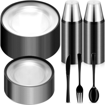 300 Pcs Clear Plastic Plates with Rim for 50 Guests Disposable Dinnerware Set, Black