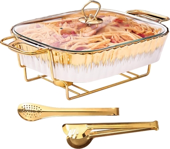 Ceramic Chafing Dish for Buffet – White Food Tray with 2 Gold Tongs, Family Size Chafer with Glass Lid, Serving Soup, Rectangular Catering Casserole for Party Style (Large 2.4 quarts)