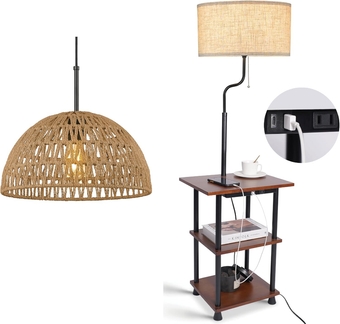 Modern Boho Pendant Lights, Hand Woven Hanging Lamp with Dome Basket Shade & Rubber Wood Floor Lamp with Table for Farmhouse Kitchen Island Dining Room Living Room Hallway