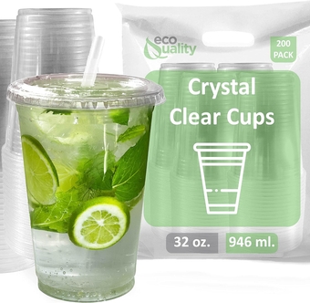 Large Clear Plastic Disposable Cups with Lids & Straws 200 count - 32 oz (ounces) Clear PET Cup for Cold Smoothie, Iced Coffee, Boba, Bubble Tea, Protein Shakes, Cold Drinks,Cups + Flat Lids +Straws