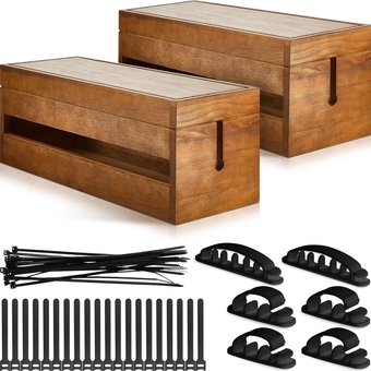 48 Pcs Wooden Cable Management Box Cable Organizer Box Set Cord Hider Cable Clips Power Strip Holder Adhesive Cable Management Ties Cord Sleeves for Cables for Desktop Home Office Kitchen
