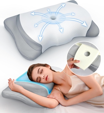 Adjustable Height Cervical Neck Pillow for Pain Relief, Hollow Contour Pillow with Cooling Breathable Pillowcase, Odorless Memory Foam Pillows, Orthopedic Bed Pillow Support Shoulder Side Back Stomach