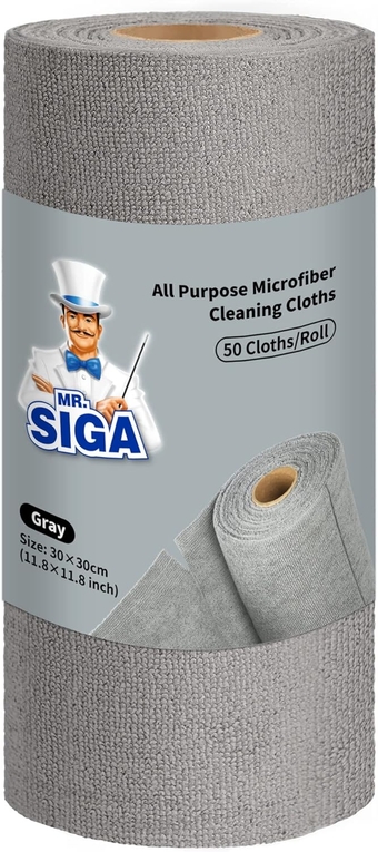 Microfiber Cloths in Roll, Lint Free Cleaning Wipes, Value Pack Reusable Kitchen Towels, 50 Cleaning Cloths Per Roll, Gray