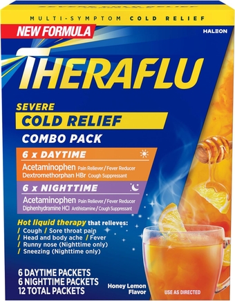 Combo Daytime and Nighttime Severe Cold Relief Powder, Honey Lemon Flavor, 12 Count, 6 Daytime + 6 Nighttime