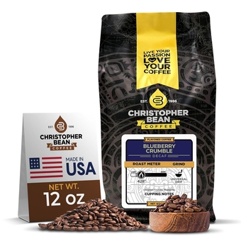 Christopher Bean Coffee Decaf Coffee Ground - Blueberry Crumble Flavored Coffee, Decaffeinated Coffee with Non-GMO Flavoring, Roasted Arabica Coffee Beans, Makes 30 Cups, Non-Dairy & Sugar-Free, 12 oz