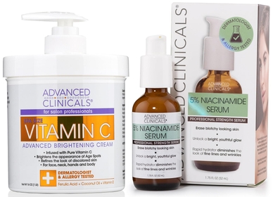 Brightening Vitamin C Cream + 5% Niacinamide Serum W/Hyaluronic Acid 2pc Set | Vitamin C Body Lotion Moisturizer & Dark Spot Remover Face Serum | Skin Care Products, 2pc Bundle