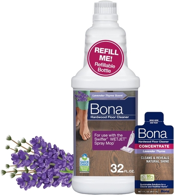 Hardwood Floor Cleaner Bottle for use with Swiffer WETJET Spray Mop, Lavender Thyme Scent, makes 64 Fl Oz - Includes Filled Bottle + Concentrate Refill for Wood Floor Cleaning