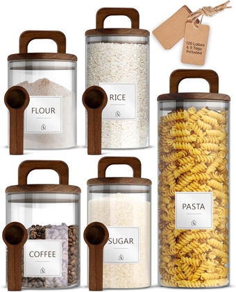 Premium Glass Jar Set - 5 Canisters with Airtight Natural Acacia Lids, Custom Labels & Spoons - Food Storage Containers & Pantry Organization - 17oz, 34oz, 68oz - Transparent, Durable