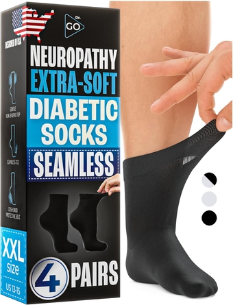 Neuropathy Socks for Men [100% Seamless] Soft Diabetic Socks with Non-Binding Top, Enhance Blood Circulation, Protective Sole for Diabetic Foot, 4 Pairs in Black, Size 13-15