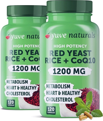 Red Yeast Rice 1200 mg Capsules with CoQ10 - Maintain Healthy Cholesterol Levels, Herbal Heart Health Vegan Red Yeast Rice Supplement - Red Rice Yeast with CoQ10 for Women & Men - 120 Ct (2-Pack)