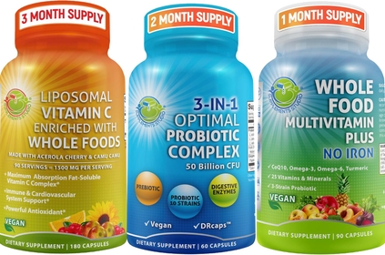All Vegan Supplement for Healthy Gut and Overall Health Support - Acidophilus Probiotic Supplement + Vegan Whole Food Multivitamin (No Iron) and Liposomal Vitamin C 1500mg