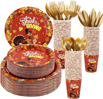 180PCS Thanksgiving Paper Plates Fall Disposable Party Plates Thanksgiving Maple Leaves Dinnerware Include 30 Heavy Duty Paper Dinner Plates 30 Turkey Paper Dessert Plates 30 Cups 90 Cutlery